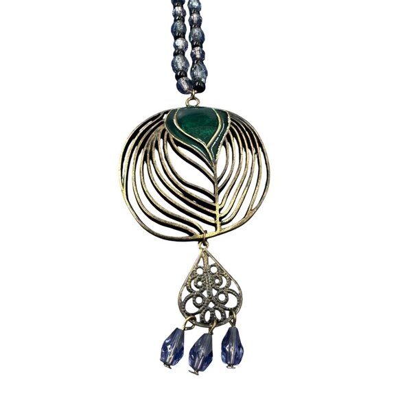Vtg Brass Peacock Feather Design Pendant Charm Lucite Beaded Necklace - Picture 1 of 10